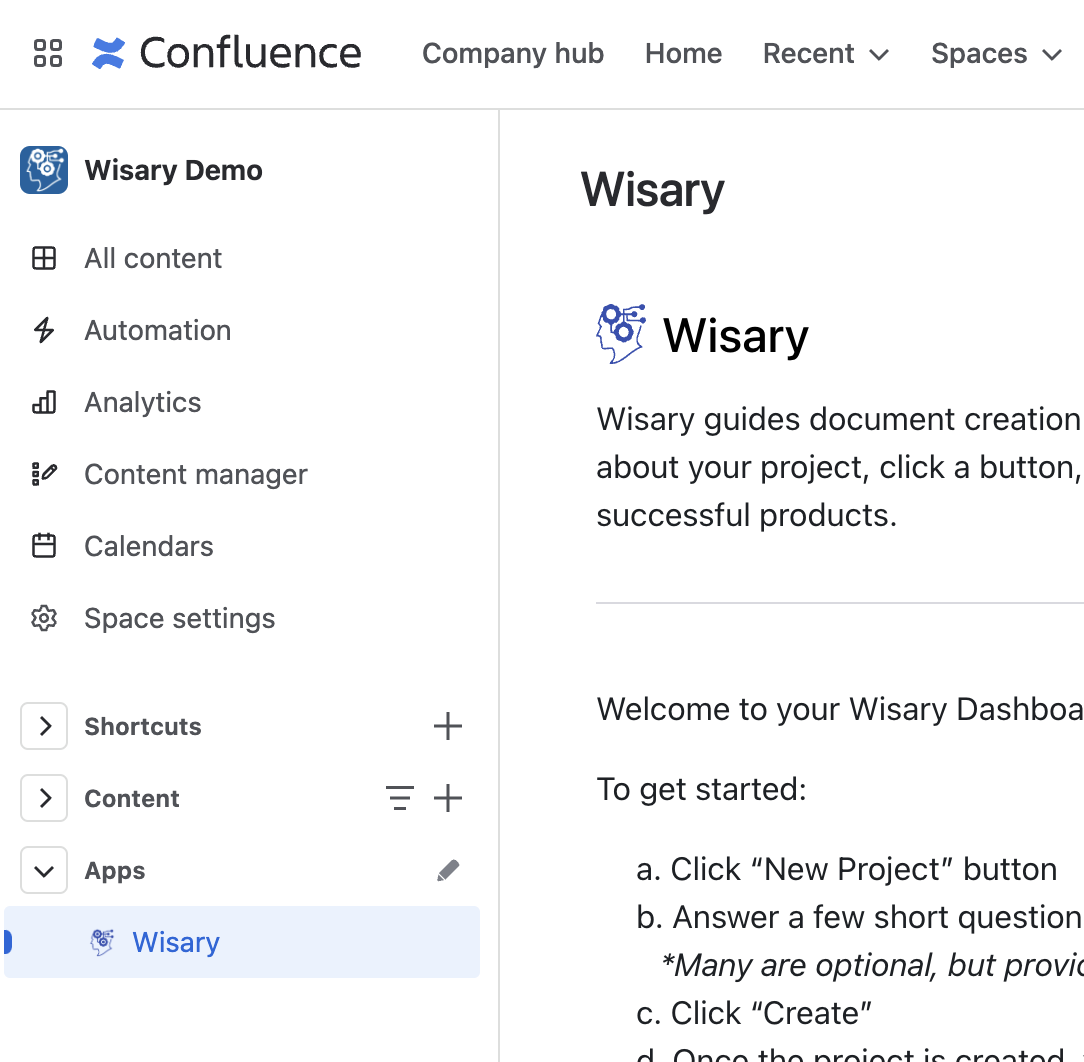 Find Wisary in your Confluence Apps section​