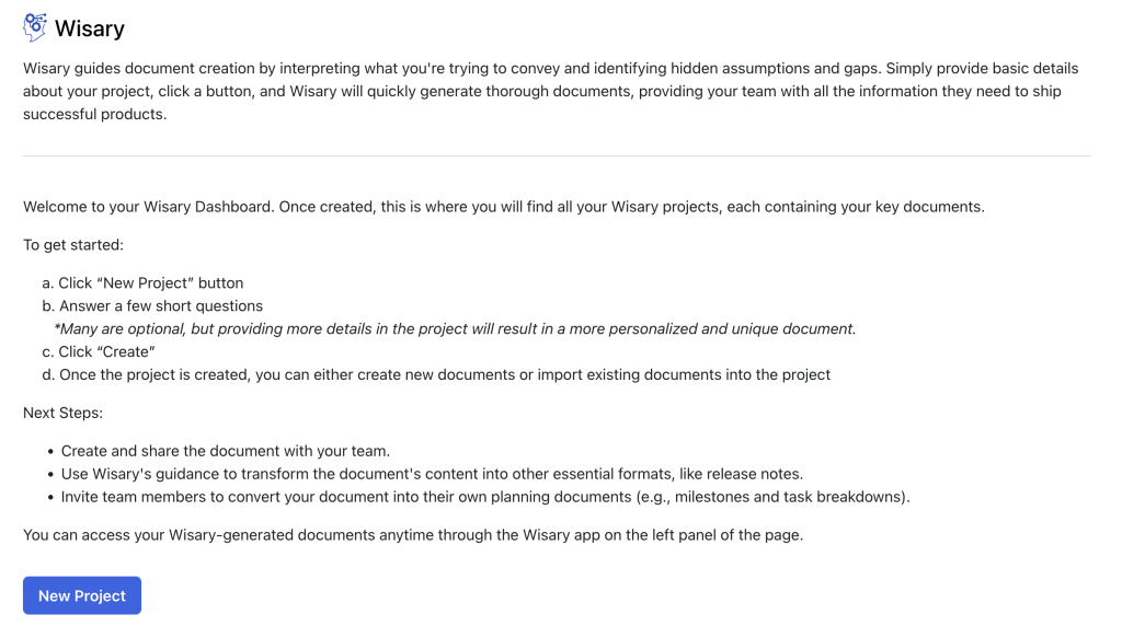 Click to create a new Wisary project and the first document
