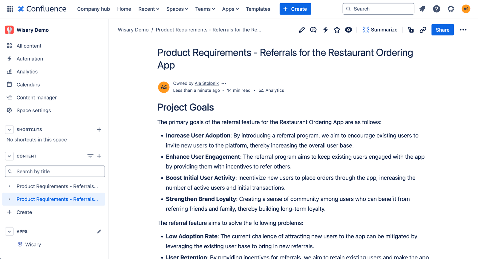 A Wisary-generated PRD in Confluence