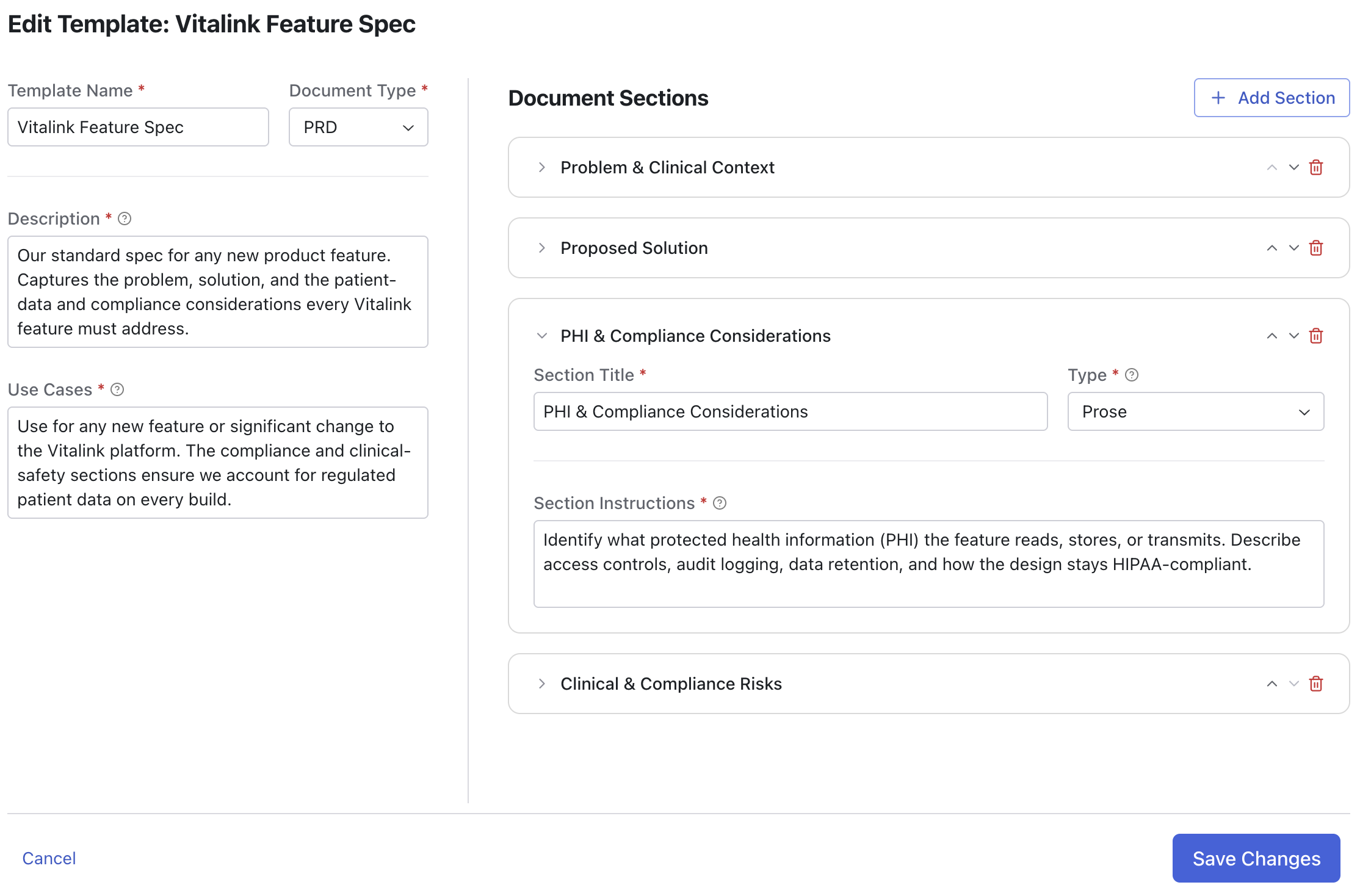 Editing a custom template in Wisary: template name, document type, description, and use cases on the left, with the document sections listed on the right and one section's title, type, and AI instructions expanded.
