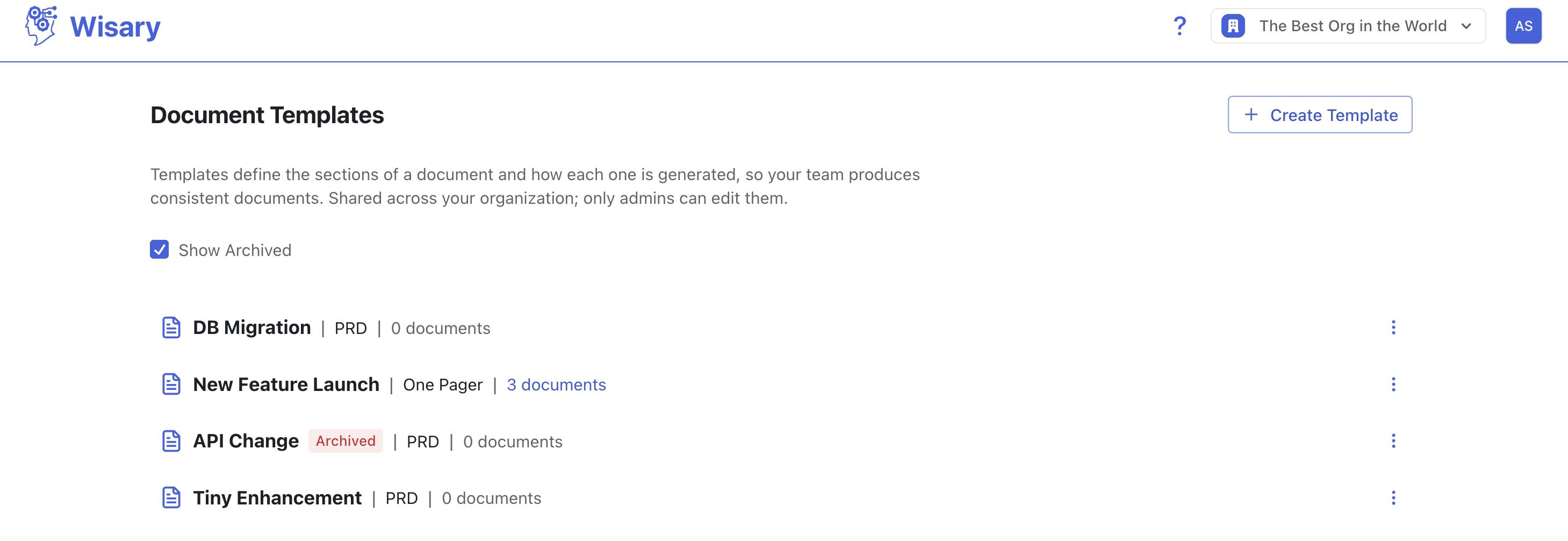 The Document Templates management list in organization settings, showing several templates with their document type and document count, one marked Archived, alongside a Create Template button.