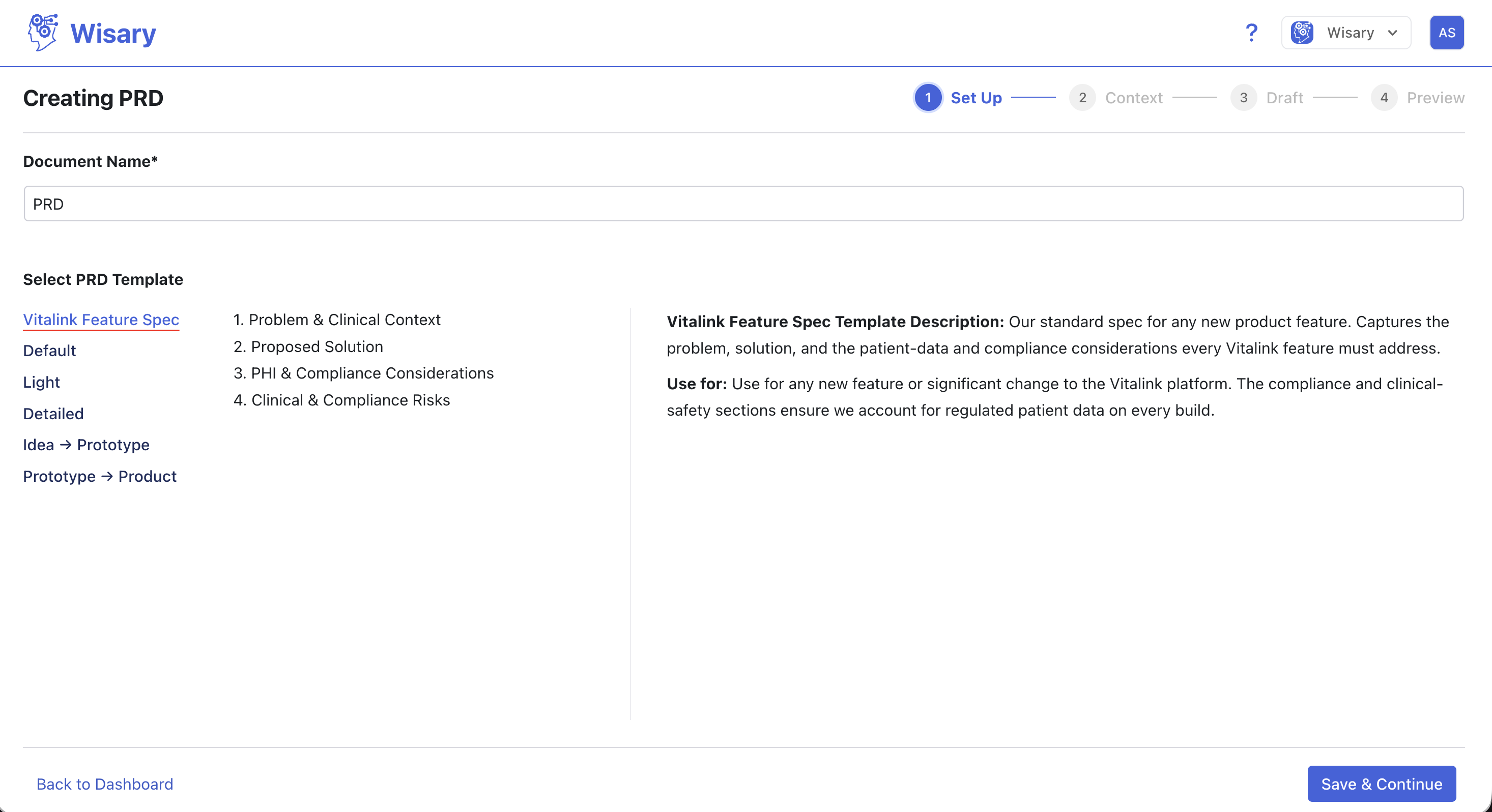 Choosing a custom PRD template while creating a document, showing the template's sections and a description of when to use it.