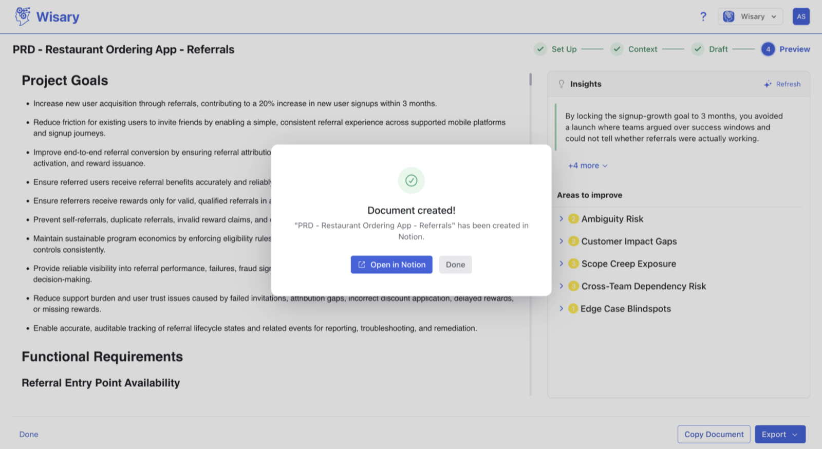 The document Preview screen after exporting to Notion, with a “Document created!” confirmation reading that the document has been created in Notion and an Open in Notion button.