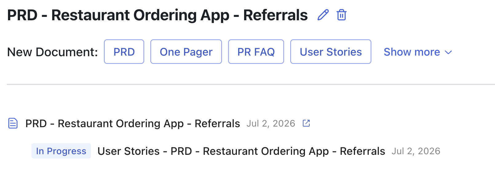 A project's document list showing a Notion-linked parent PRD with an external-link icon beside it and a child User Stories document created from it.