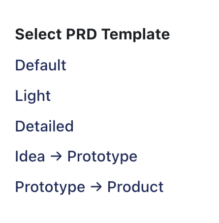 Wisary's PRD template picker, including the Idea → Prototype and Prototype → Product templates