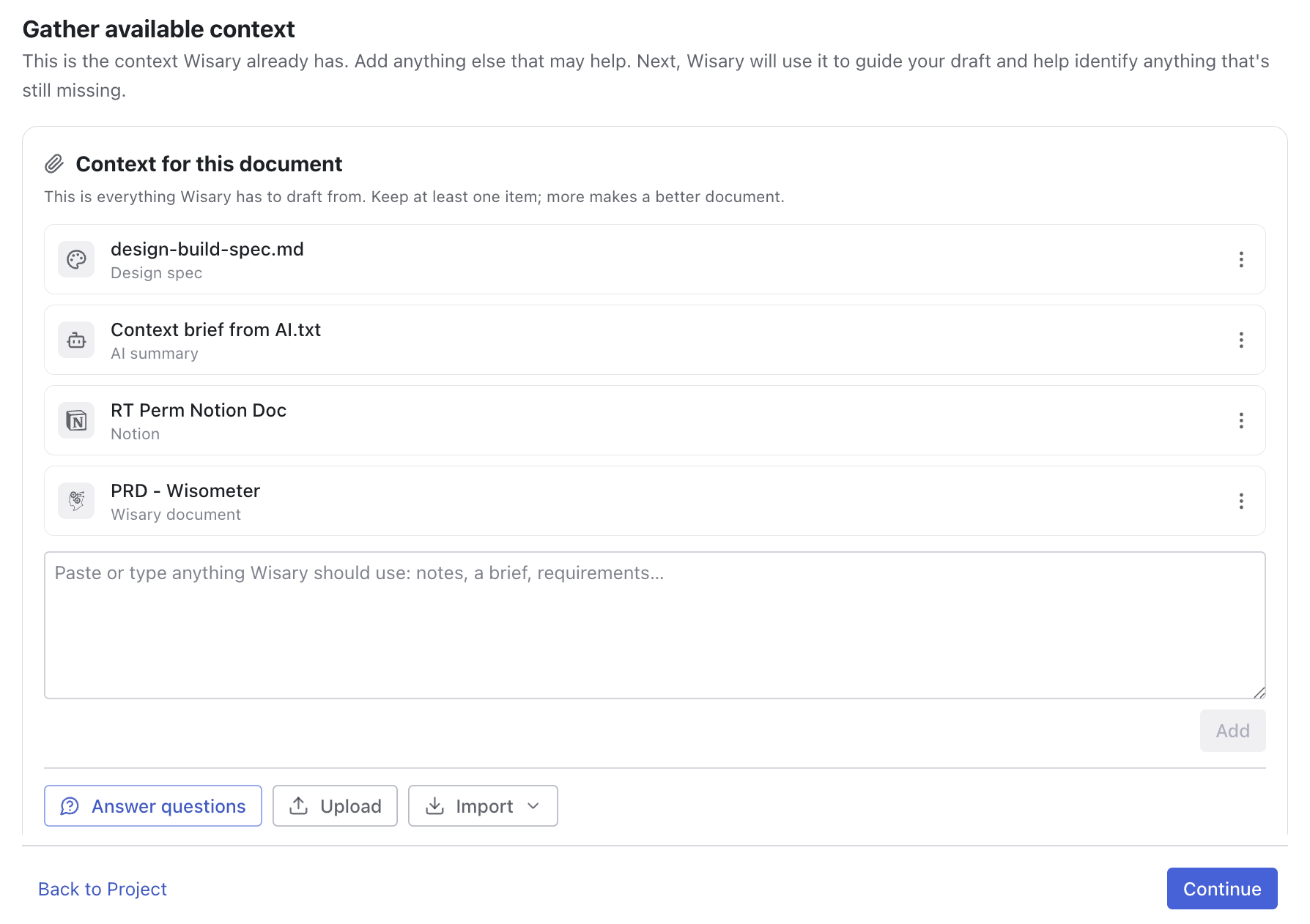 Wisary's Context step listing four context sources for one document: a Claude Design build spec, an AI summary, a Notion page, and another Wisary document